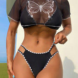 Conjunto De Bikini Para Mujer Con Estampado De Mariposa, Recorte De Bloques De Color Y Cubierta Transparente