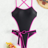 Swim SXY Traje De Bano Monokini De Cuello Halter Para Mujeres Con Detalle Cortado Sin Espalda Y Bloque De Color