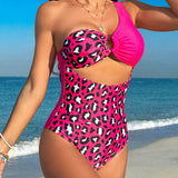 Swim Vcay Traje De Bano De Una Pieza Para Mujer Con Estampado De Leopardo, Con Incrustaciones De Parches Y Huecos