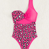 Swim Vcay Traje De Bano De Una Pieza Para Mujer Con Estampado De Leopardo, Con Incrustaciones De Parches Y Huecos