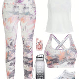 Daily&Casual Conjunto De 3 Piezas: Chaleco Ajustado Con Estampado + Leggings A Juego + Chaleco Deportivo Blanco Holgado