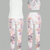 Daily&Casual Conjunto De 3 Piezas: Chaleco Ajustado Con Estampado + Leggings A Juego + Chaleco Deportivo Blanco Holgado