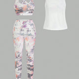 Daily&Casual Conjunto De 3 Piezas: Chaleco Ajustado Con Estampado + Leggings A Juego + Chaleco Deportivo Blanco Holgado