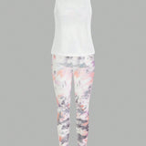 Daily&Casual Conjunto De 3 Piezas: Chaleco Ajustado Con Estampado + Leggings A Juego + Chaleco Deportivo Blanco Holgado