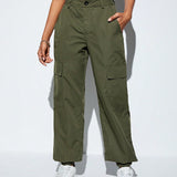 Coolane Pantalones De Cintura Elastica Con Cordon Y Bolsillos Grandes De Color Solido