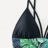Swim Lushore Conjunto De Bikini Para Mujeres Con Estampado Tropical Y Decoracion De Empalmes