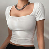 DAZY Camiseta De Mujer Ajustada De Cuello Cuadrado Simple Con Pliegues Y Decoracion De Botones En Las Mangas Cortas