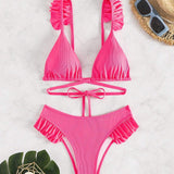 Conjunto De Bikini Para Mujer Con Volante En El Dobladillo Y Color Solido