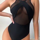 Swim Traje De Bano De Una Pieza Para Mujer Con Panel De Malla Transparente Y Espalda Abierta