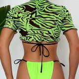 3 Piezas/conjunto Top Transparente Con Estampado De Cebra Y Traje De Bano Bikini De Color Solido