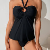 Swim Conjunto de tankini de mujer de verano para playa con top de cuello halter con detalle circular y panty triangular