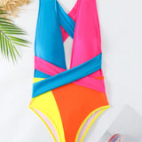 Swim Traje de bano de una pieza con cuello en V profundo y bloques de color para playa de verano y carnaval