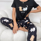 Conjunto De Pijama De CamiConjuntoa Con Impresion De Letras Y Gatos Y Pantalones A Juego