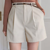 DAZY Pantalones Cortos Rectos De Cintura Alta Y Color Solido Para Mujer Con Bolsillos Diagonales Y Pliegues