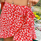 WYWH Pantalones Cortos De Cintura Anudada Con Estampado Floral Y Volantes Para Mujer