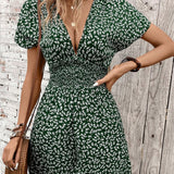 VCAY Floral Print Deep V-Neck Romper With Gathered Waist