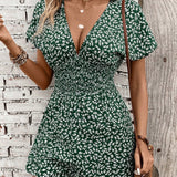 VCAY Floral Print Deep V-Neck Romper With Gathered Waist