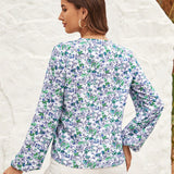 Clasi Camisa De Manga Larga Para Mujer Con Estampado Floral, Corte Completo Y Ribeteado De Encaje