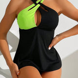 Swim Conjunto tankini de cuello halter para mujer con bloqueo de color y Bottom triangular, traje de bano