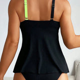 Swim Conjunto tankini de cuello halter para mujer con bloqueo de color y Bottom triangular, traje de bano