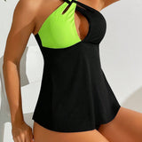 Swim Conjunto tankini de cuello halter para mujer con bloqueo de color y Bottom triangular, traje de bano