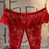 1 Pieza Panties Rojos De Encaje Con Entrepierna Abierta Para Mujer, Ropa Interior Sexy De Damas, Adecuada Para Atuendo De Fiesta En Casa