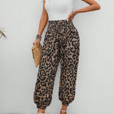 Pantalon De Zanahoria Con Cintura Alta Para Mujer Con Bolsillos Ocultos Y Pantalones Cortos Con Estampado De Leopardo