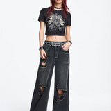 ROMWE Grunge Punk Jeans Desgastados Con Estampado De Estrellas Y Bolsillo Trasero Para Mujer