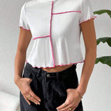 Camiseta Casual De Punto Con Bloque De Color Blanco Y Rojo Rosa De Primavera/verano Para Mujeres , Cuello Redondo Y Costuras Epuestas