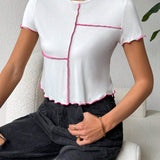 Camiseta Casual De Punto Con Bloque De Color Blanco Y Rojo Rosa De Primavera/verano Para Mujeres , Cuello Redondo Y Costuras Epuestas