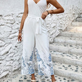 VCAY Plant Printed Wide Leg Jumpsuit With Spaghetti Straps