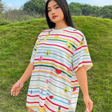 Qutie Plus Size Women's Loose Fit Striped Tee With Printed Design