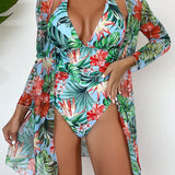 Swim Traje De Bano De Una Pieza Con Estampado De Plantas Tropicales Para Mujer