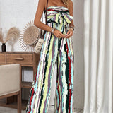 VCAY Printed Strapless Bowtie Jumpsuit