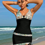 Swim Lushore Conjunto De Traje De Bano Tankini Con Estampado De Leopardo Y Parche De Empalme, Top Sin Hombros Y Pantalon Corto De Playa Ajustable Con Cordon, Para Verano, Playa, Luna De Miel, Viajes Y Vacaciones, Piscina