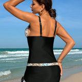 Swim Lushore Conjunto De Traje De Bano Tankini Con Estampado De Leopardo Y Parche De Empalme, Top Sin Hombros Y Pantalon Corto De Playa Ajustable Con Cordon, Para Verano, Playa, Luna De Miel, Viajes Y Vacaciones, Piscina