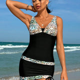 Swim Lushore Conjunto De Traje De Bano Tankini Con Estampado De Leopardo Y Parche De Empalme, Top Sin Hombros Y Pantalon Corto De Playa Ajustable Con Cordon, Para Verano, Playa, Luna De Miel, Viajes Y Vacaciones, Piscina