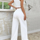 EZwear Conjunto De Chaleco Y Pantalon Tejido Blanco Ajustado Para Mujeres