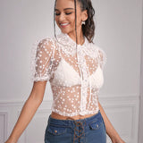 Forever 21 Blusa De Mangas Abullonadas Para Mujer Con Pequeno Estampado Floral Y Tela Transparente