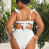 Swim Curve Plus Size Solid Ruffle Trimmed Bikini Swimwear Set, Underwire Swimsuit Bathing Suit Beach Outfit Summer Vacation