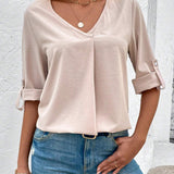 Camisa De Mujer Con Cuello En V Y Mangas Enrollables