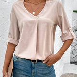 Camisa De Mujer Con Cuello En V Y Mangas Enrollables