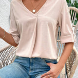 Camisa De Mujer Con Cuello En V Y Mangas Enrollables