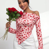 Camiseta Casual Rosa Con Ajuste Slim Fit Y Dobladillo Irregular Estampado Con Corazon De Amor Para El Dia De San Valentin