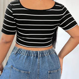 EZwear Plus Size Striped Slim Fit Cropped T-Shirt