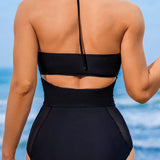 Swim Vcay Traje De Bano De Una Pieza Con Cuello Halter De Malla Y Atado En El Cuello Para Mujer De Color Puro