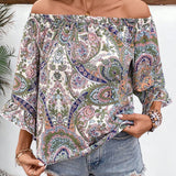 VCAY Top Corto Para Mujer Con Diseno De Paisley Impreso Y Hombros Descubiertos