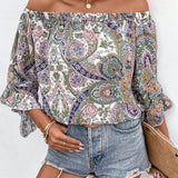 VCAY Top Corto Para Mujer Con Diseno De Paisley Impreso Y Hombros Descubiertos