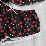 Conjunto De Pijama Para Mujer Con Estampacion De Cerezas Y Borde De Encaje