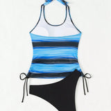 Swim Vcay Conjunto de tankini de cuello halter con lazo lateral y bloques de color para mujer